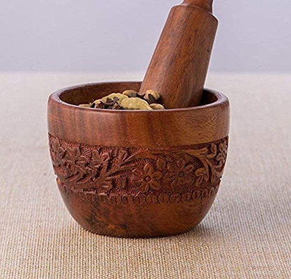 Ortus Arts Handmade Wooden Kitchen Okhli Masher Mortar Pestle with Intense Carving Kitchen Tool Set